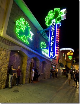 The Griffin neon sign at night, in the East Fremont district in Las Vegas